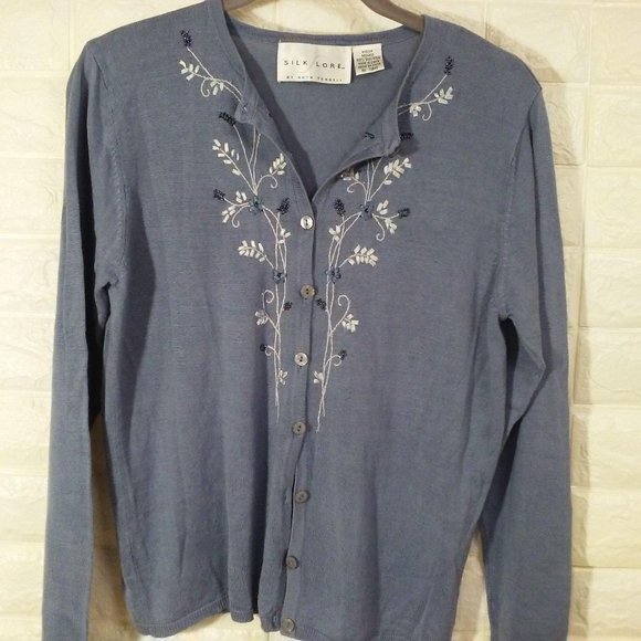 SILK LORE Cardigan Floral Bead Embellished Sz-M - Picture 9 of 11